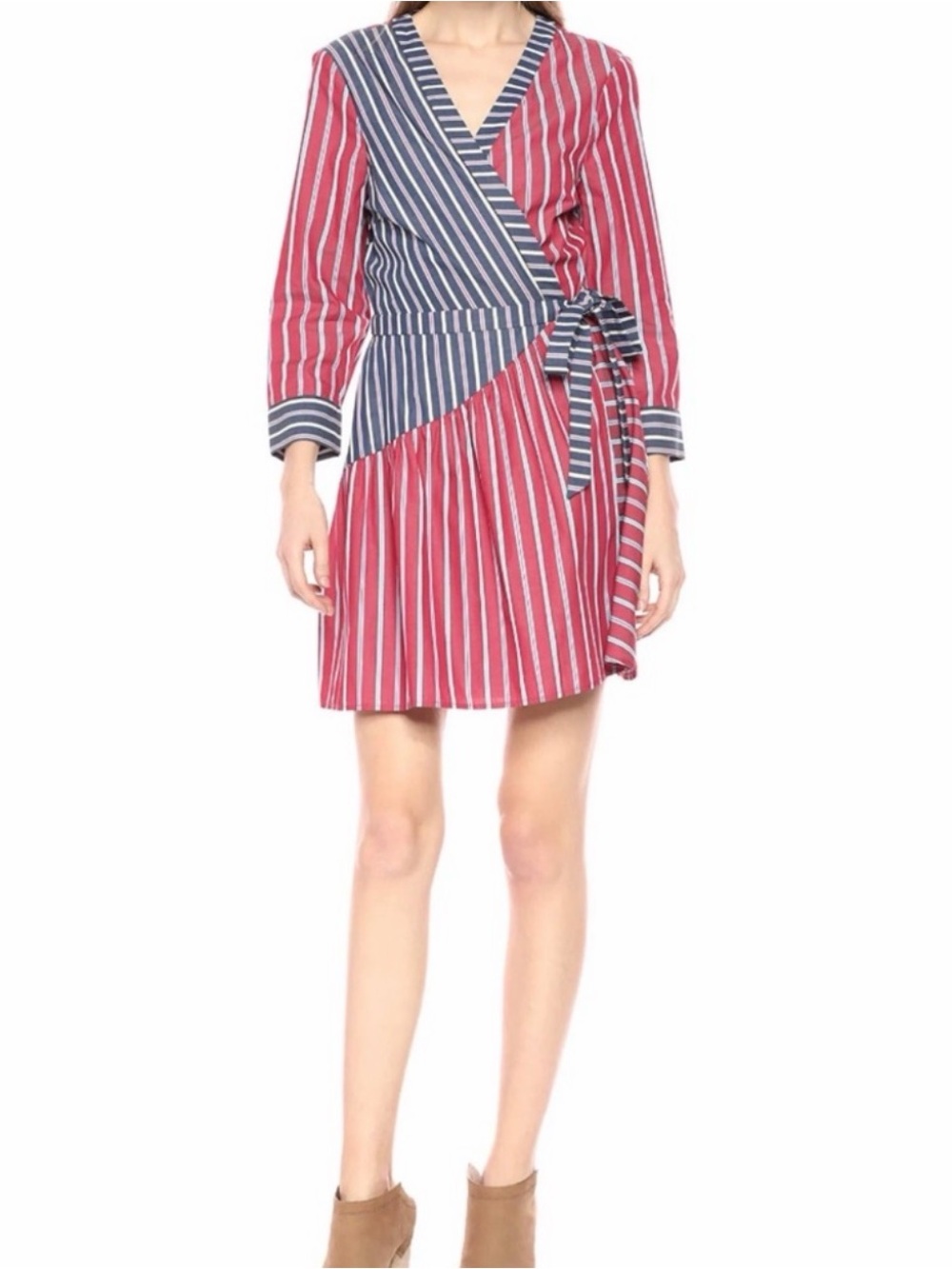 BCBGeneration Red and Navy Striped Wrap Mini Dress